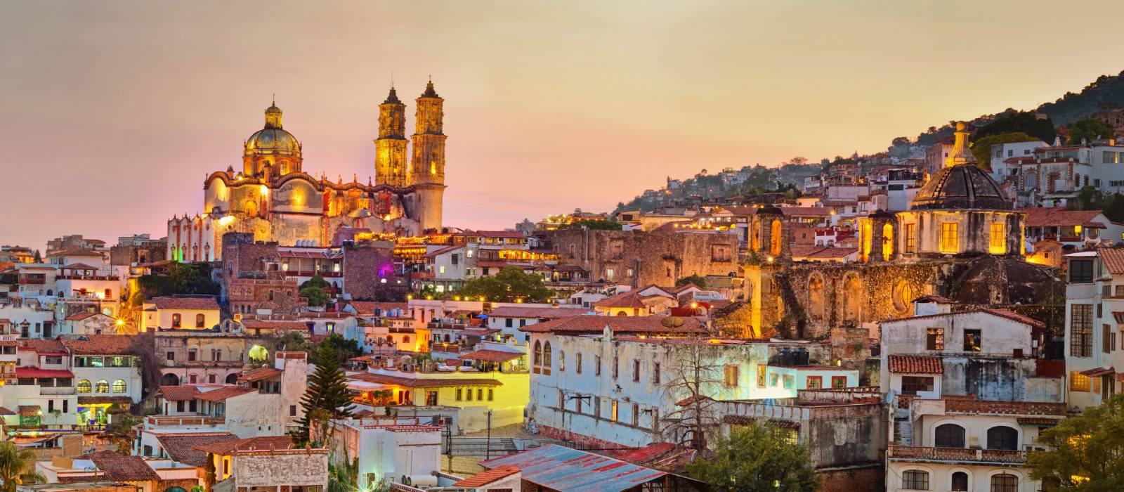 Panorama of Taxco city at sunset, Mexico