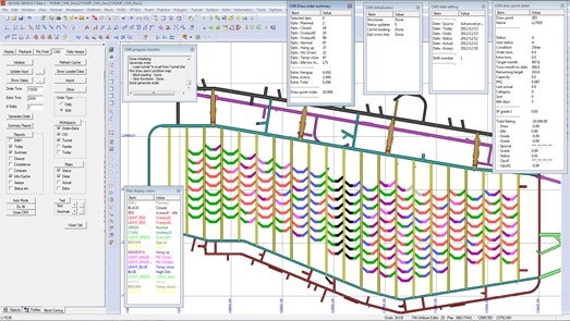 Planview of extraction level of Block Caving mine. Colour represents draw point status.