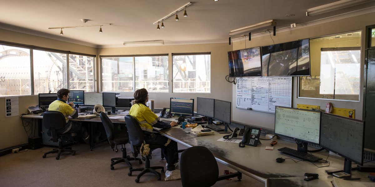 Mine workers in control centre